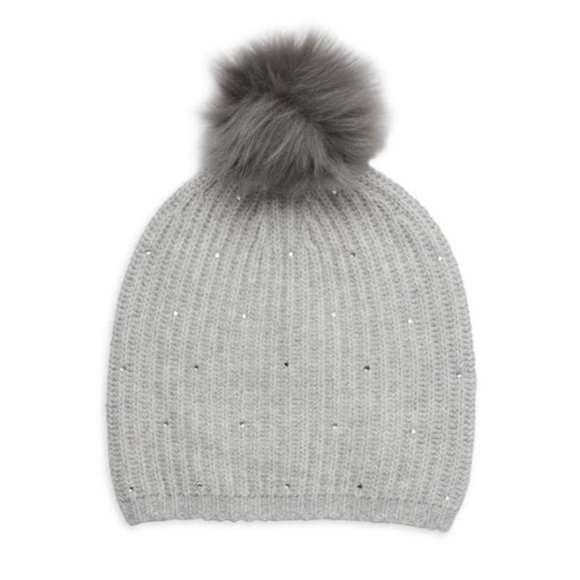 Carolyn Rowan Collection NWT Silver Faux Fur Pom-Pom Beanie